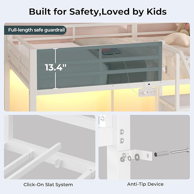 ADORNEVE Triple Bunk Bed Twin Over Twin with Storage Staircase, RGB Lights & Power Outlets, Heavy Duty Metal 3 Bunk Beds with Drawers & Headboard Shelf, Safety Guardrails, for Kids, White