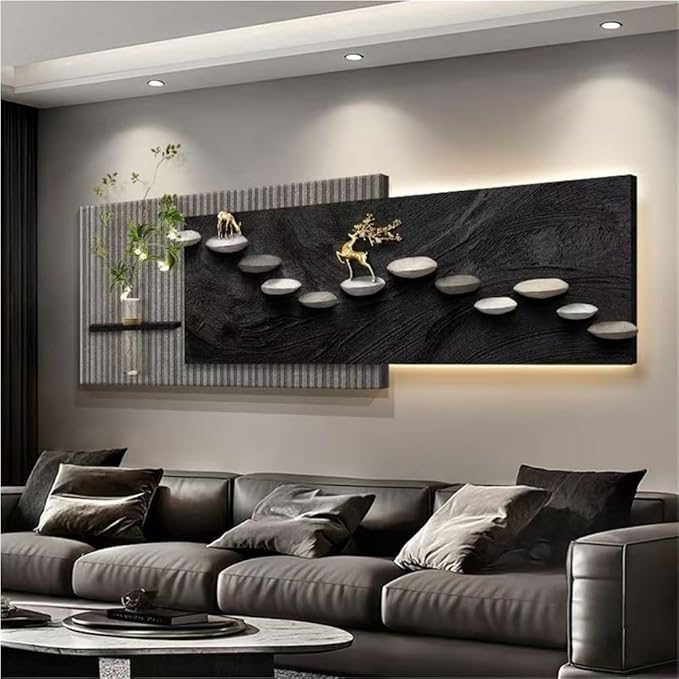 3D Sandstone Texture LED Wall Art with Vase, Plug-in Auspicious Modern Meditation Wall Hanging Sculpture, Minimalism Artwork Decor for Living Room Bedroom Meditation Space(C,100x33cm)