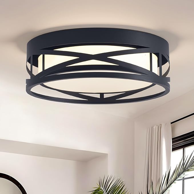 Modern LED Ceiling Light Fixture, Square LED Flush Mount Hallway Light Fixtures, Farmhouse Black Close to Ceiling Light for Hallway Bedroom Balcony Porch Stairway Ceiling Lamp (Round, 3000K)