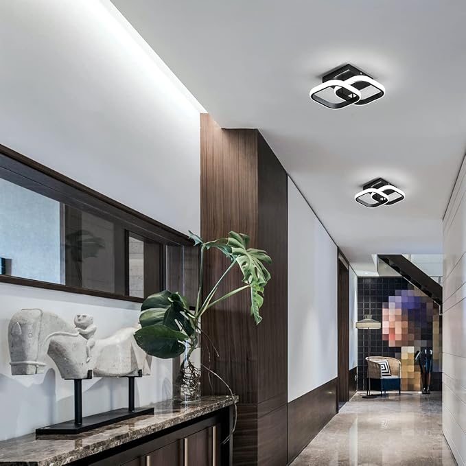 Modern LED Ceiling Light, 9 Inch Square Hallway Light Fixtures 6500K Cool White Black Mini Ceiling Light for Corridor, Bedroom, Kitchen, Balcony, Stair, Entrance