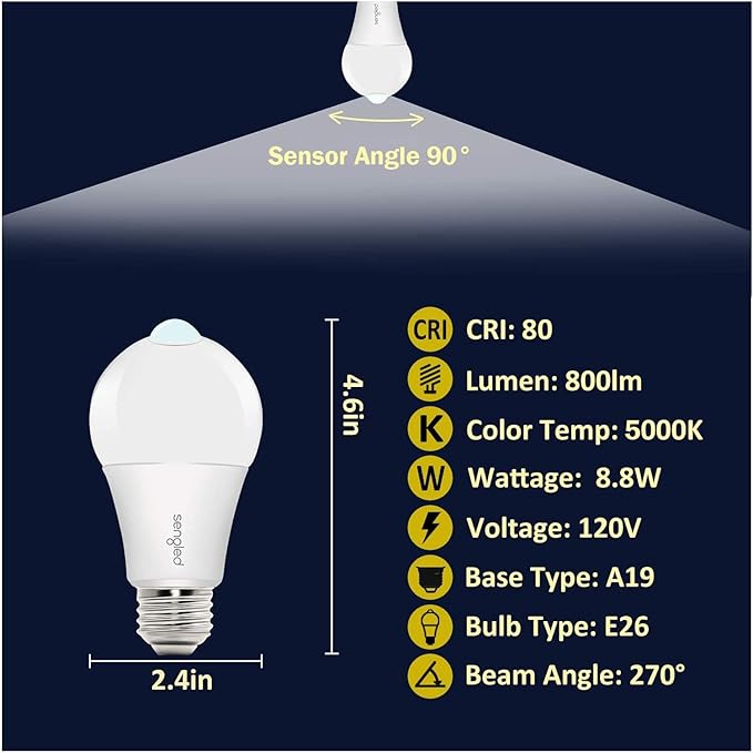 Sengled Motion Sensor Light Bulbs, A19 LED Dusk to Dawn Bulbs 5000K Daylight, Motion Activated Indoor Outdoor Light Bulbs 8.8W (60W Equivalent) 800 Lumens for Porch, Garage, Hallway, 4 Pack