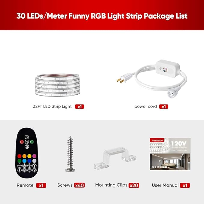 Shine Decor 120V RGB LED Strip Light Remote Control, Cold Resistant IP65 Waterproof Outdoor Strip Lighting Color Changing, Connectable Lite Multicolor Lighting Strip 7x13mm, 32 FT 300 LEDs ETL Listed