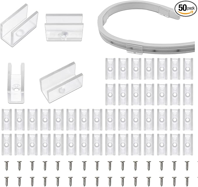 Neon Rope Light Mounting Brackets, 50PCS Neon Lights Install Fixing Clips Accessories for 6x12mm Silicone LED Neon Flex Strip Lighting, Neon Signs DIY(50 Screws, 50 Clips)