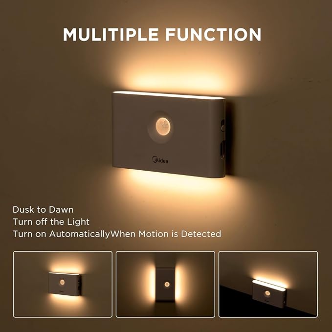 Midea 2 Pack Rechargeable Night Lights with Motion Sensor/Dusk to Dawn Sensor, Batteries Operated Night Light Stair Lights for Indoor/Bedroom/Bathroom/Kitchen/Hallway,Cordless Design with Magnetic
