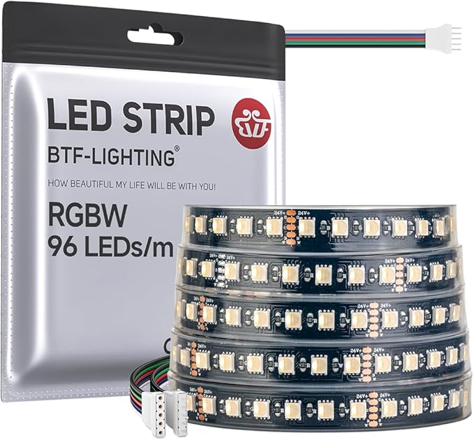 BTF-LIGHTING 5050 RGBW RGB+Warm White(2700K-3000K) 4 Colors in 1 LED 5m 16.4ft 96LED/m DC24V Multi-Colored LED Tape Lights IP67 Waterproof Black 14mm PCB for Home Decoration(No Adapter or Controller)