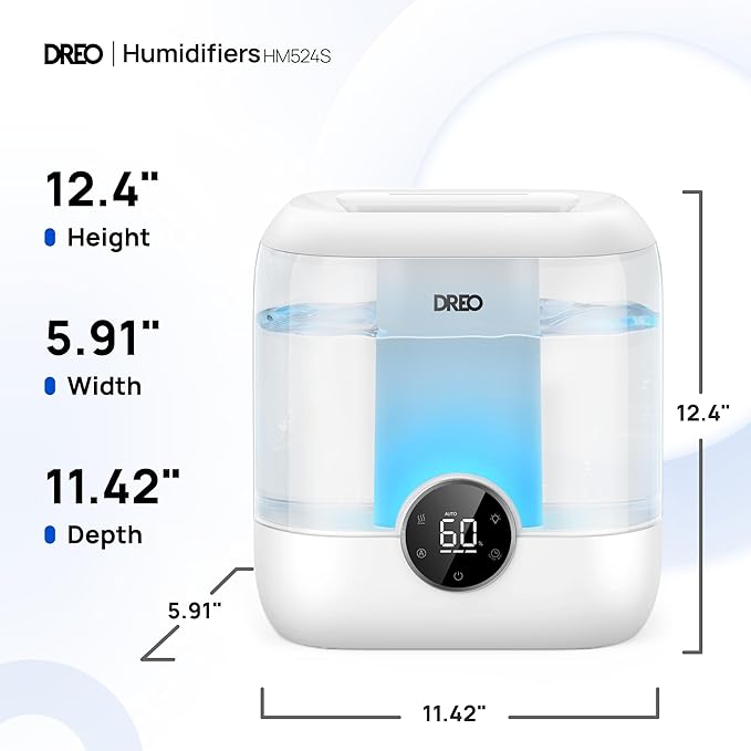 DREO Smart Humidifiers for Bedroom, 6L Top Fill Supersized Cool Mist Humidifier for Large Room, 60 Hour Runtime, Quiet Ultrasonic Humidifiers for Plants, Indoor, Home, Night Light, White