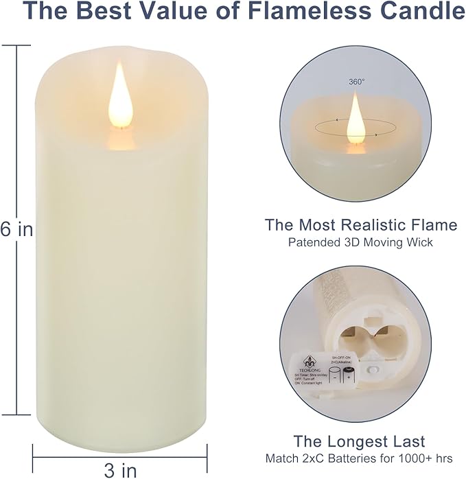 Flameless Candles Flickering 3D Moving Flame, Last 1000+ Hours Battery Operated Candles with Timer, Ivory Real Wax Electric LED Pillar Candles for Home Wedding Decoration | 3" x 6"