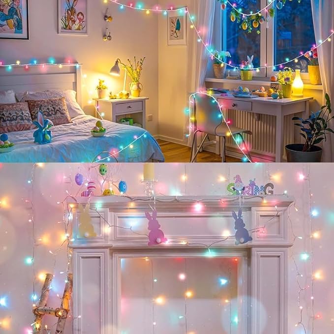 LAMPHOME Colorful Easter String Lights, 66 ft 200 LED Pastel Easter Lights 16 Modes Plug in,transparant Wire Twinkle Fairy Lights for Spring Bedroom Tree Room Outdoor Party for Easter Decorations