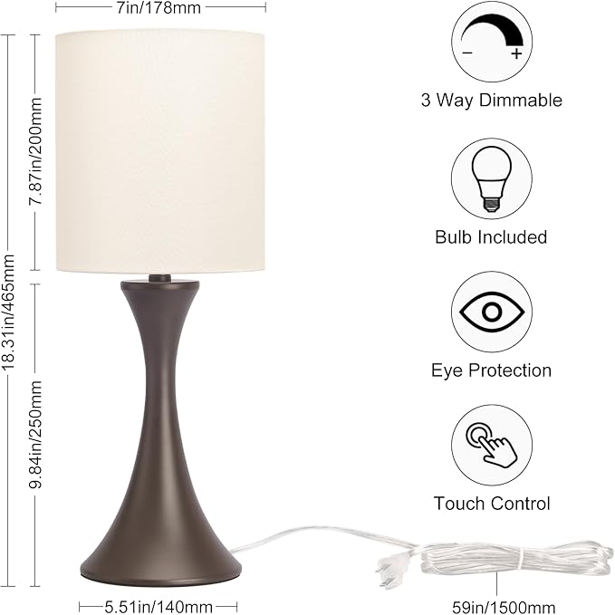 3 Way Touch Control Table Lamp, Modern Bedside Lamp Dimmable Nightstand Lamp with Beige Shade and Dark Brown Base, Small Desk Lamp for Living Room, Dorm, Home Office, 9W LED Bulb Included