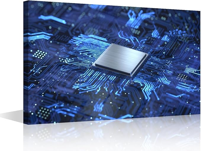 TUMOVO Futuristic CPU Painting Posters Circuit Board House Deocration for Living Room CPU Concept Canvas Prints Wall Decor AI Wall Art for Office Bedroom Modern Artwork Giclee Framed - 18x12in