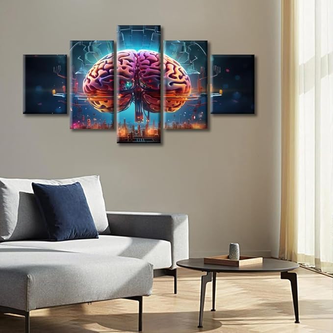 Abstract Brain Pictures Wall Art Decor Painting on Canvas Smart Brain Pictures for Home Walls Futuristic Technology Office Framed Modern Artwork for Living Room Bedroom, (60" Wx32 H)