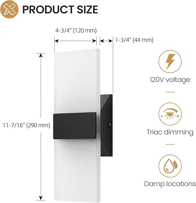 Wall Sconces Set of Two,Modern Black LED Wall Lights,12W 2700K-5000K Adjustable,Hardwired Acrylic Sconces Wall Decor Set of 2,Dimmable Wall Mount Light for Living Room Bedroom Hallway,ETL