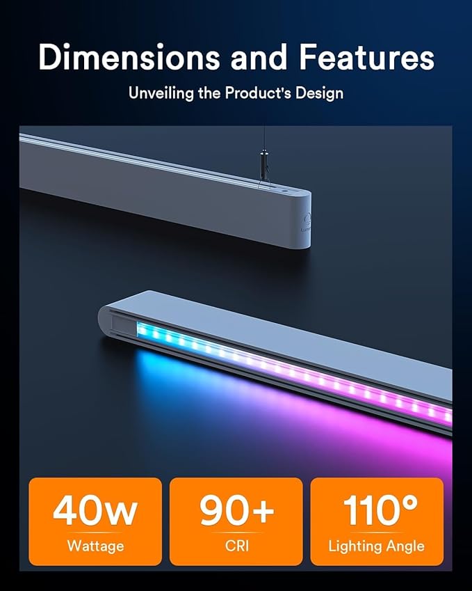 Lumary Smart LED Linear Pendant Light, 48 Inch Wi-Fi Island Lights Hanging Fixtures, RGBAI 12W/CCT 28W Dimmable Chandelier for Kitchen Dining Work with Alexa & Google Assistant, Adjustable Height