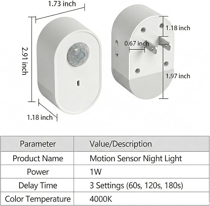 Plug in Motion Sensor Night Light, 4000K Natural White LED, Motion Activated Dusk to Dawn Sensor, 1W Eye-Protective Wall Lamp for Hallway, Stairs, Bathroom, Bedroom, Kitche
