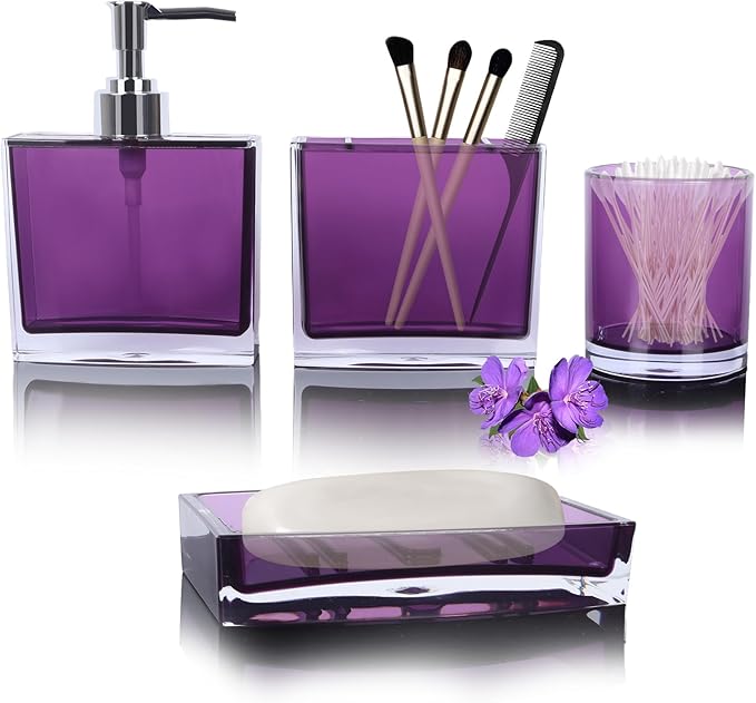 4-Piece Classic Purple Acrylic Bathroom Accessory Set — Soap Dispenser, Toothbrush Holder, Soap Dish & Mouthwash Cup, Vanity Countertop Organizer for Purple Bathroom Decor