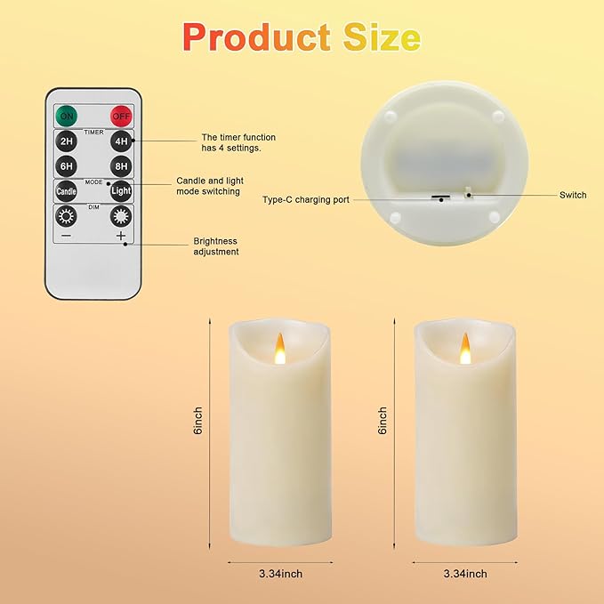 Rechargeable Flameless Candle, Realistic 3D Flickering Warm Flame, LED Candle with Remote Control & Timer for Holiday, Wedding, Patio and Home Decoration(Set of 2)
