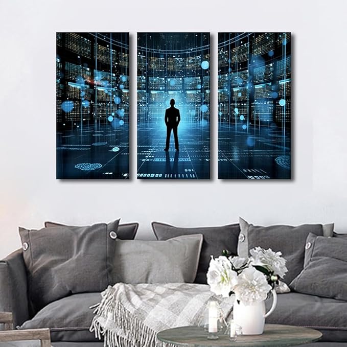 3 Panels Canvas Wall Decor Modern Art Cyber Security and Data Protection Concept Picture Poster for Bedroom Living Room Wall Decorations, Framed Wall Artwork Ready to Hang, 42" Wx28 H