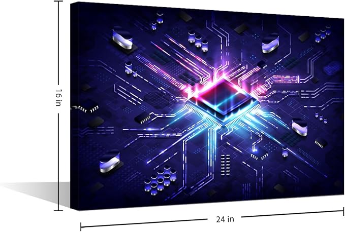 TUMOVO Canvas Wall Art for Bedroom AI Cyberpunk Tech Wall Paintings for Living Room Circuit Board Chip Office Modern Wall Art CPU Concept Pictures Print On Canvas Giclee Framed, 24x16in