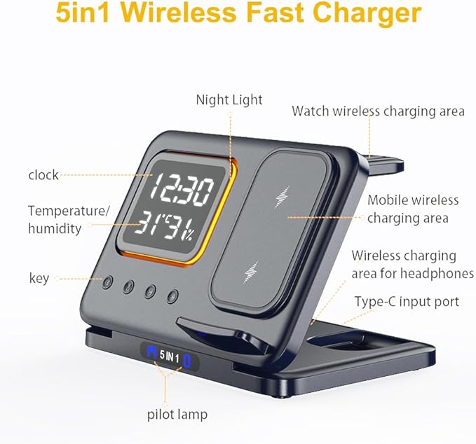 IHAO 5in1 Multi Functional Wireless Charging Station Digital Clock 15W Fast Charging Temperature Display Wireless Charger for All Qi Phone and TWS Headphone Compliant with Apple Watch-DH15 Black