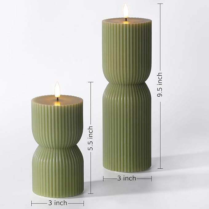 Olive Green Ribbed Flameless Pillar Candles with Remote, LED Candles Battery Operated Flickering Real Wax Set of 2