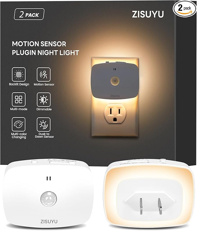 ZISUYU Plug-in LED Backlit Night Light with Motion Sensor & Dusk to Dawn Sensor, 10-60lm Dimmable Nightlight with Multi-Mode & Color-Changing, Ideal for Bedroom, Bathroom, Stairs, Hallway (2 Pack)