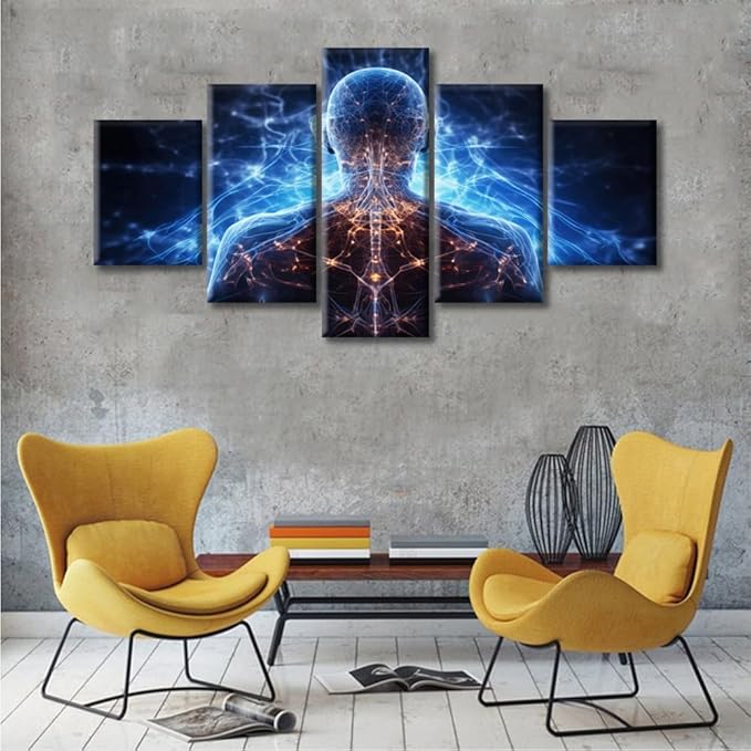 Artificial Intelligence Concept Wall Paintings for Living Room Brain Neural Human Head Pictures Print On Canvas Men Boys Bedroom Wall Decor Office Wall Art Posters Framed Ready to Hang (60"Wx32"H)