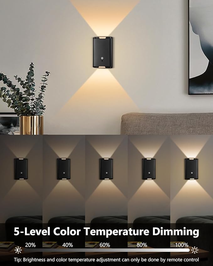 Battery Operated Motion Sensor Wall Sconce Set of 2 – 5000mAh Wireless Rechargeable Wall Lamp Indoor, 3 Colors Up/Down Lighting Magnetic Hallway Light with Remote for Bedroom, Living Room (Black)