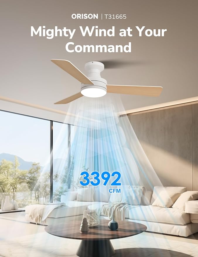 Orison 42-Inch Ceiling Fans with Lights, Low Profile, Flush Mount, Features RGB Backlight, Dimmable Lighting, 6 Speeds, 3 Reversible Blades, Remote and App Control, White