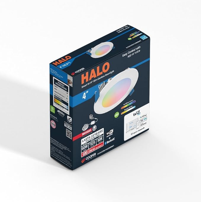 HALO HLB4069WZRGBWMWR 4” Smart Wi-Fi Slim Canless LED Downlight Powered by WiZ Pro, Dimmable Full Color with Smart Home Integration| (Pack of 4)