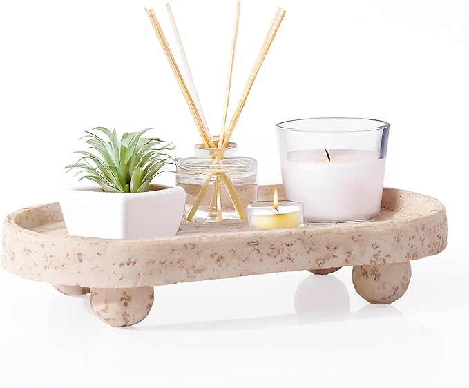 DN DECONATION Resin Decorative Tray with Legs, 4 Footed Coffee Table Trays Decor, Travertine Look Vanity Tray for Perfume Jewelry Bathroom Soap Kitchen Countertop Dresser, Oval 9.53x1.97in