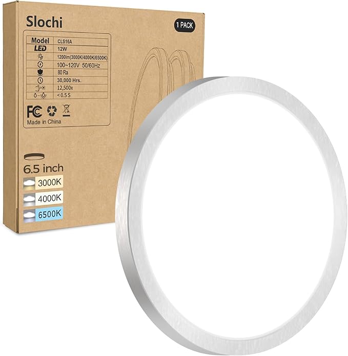 1PACK LED Flush Mount Ceiling Light Fixture, 3000K-4000K-6500K & 100W Equivalent Modern Kitchen Recessed Ceiling Lamp 12W 1200Lm 6.5 Inch Closet Round Surface for Bathroom Laundry-Brushed Nickel