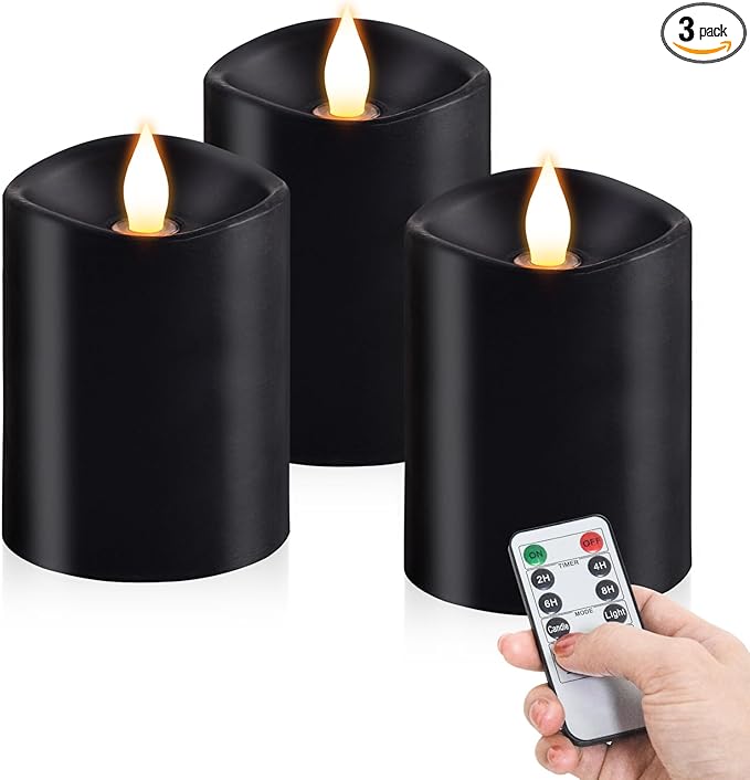 3x4 Flickering Flameless Candles Set of 3,Real Wax Pillar led Candles Flickering,with Timer,4 inch Flameless Candles with Remote,for Holiday Home Decor Party,Black