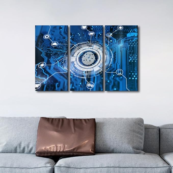 Bedroom Wall Art 3 Panels Fingerprint Login Authorization and Cyber Security Concept Posters Print on Canvas Wall Decor for Living Room Bedroom, Cyber Security Posters and Prints, 36" Wx24 H