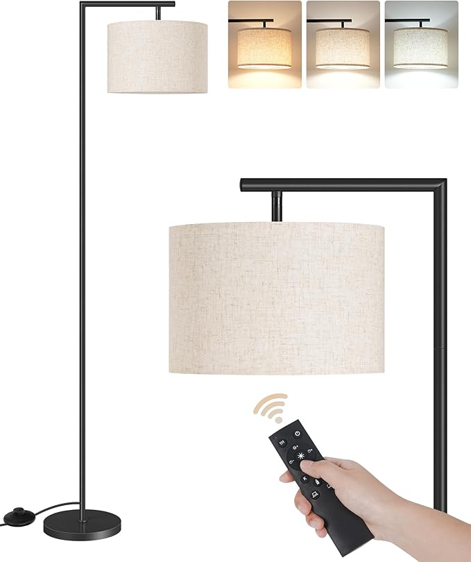 Modern Dimmable Floor Lamp for Living Room with Adjustable Color Temperature LED Bulb, ARC Standing Lamp with Remote Control, Tall Reading Lamp for Bedroom, Office, Black, E11LD05
