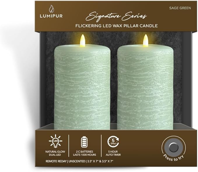 LumiPur Signature Natural Glow Flameless Wax Pillar 2 Pack LED Candle 3.5" x 7" Sage Green