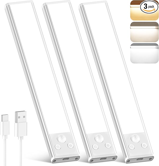 Motion Sensor Under Cabinet Lights, 2500mAh 12inch Battery Operated Wireless Under Counter Lights Indoor, Magnetic 108-LED Dimmable Closet Lights for Kitchen with 3 Color Temperature, 3 Packs