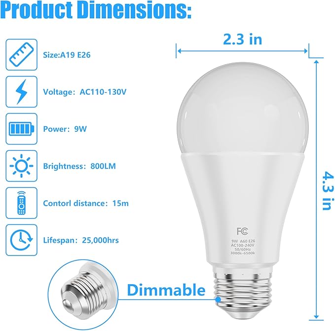 A19 Color Changing Light Bulb with Remote Control&App Control, 800LM 9W(60W Equivalent) Dimmable 3000K-6500K RGBWW,E26 Base 2.4GHz,Light Bulb for Home Decor,1Bulb&1Remote