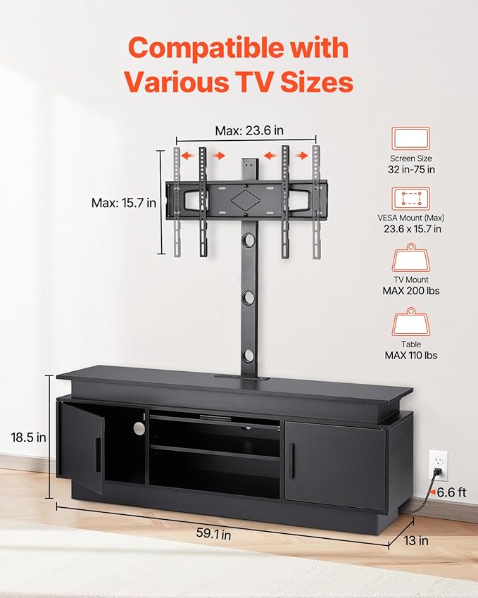 VEVOR 60" TV Stand with Mount for up to 75 in TVs, Entertainment Center with Power Outlet & LED Lights, Height Adjustable TV Console with Mount with 3 Tiers Storage Cabinets for Bedroom, Living Room