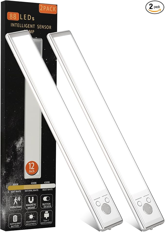 Under Cabinet Lights, 88 LED Motion Sensor Light, 2200mAh USB Rechargeable, Magnetic Dimmable Closet Lights, 3 Color Temperature, 2 Pack for Kitchen, Stairs, Closet (12inch-2Pack)