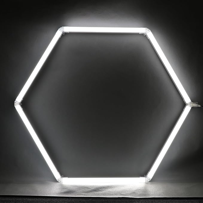 Garage Hexagon Lights, 24W 24V 6500K Higher Brightness Hex Garage Lights, Plug and Play, Lightweight DIY Assembly Hexagonal Light for Car Detailing Auto Beauty Shop Decor（with Remote Control）