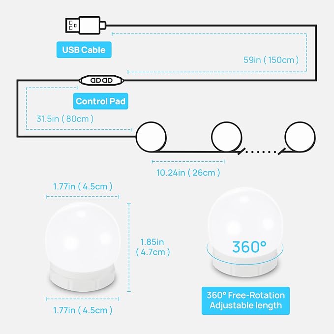 LED Vanity Lights For Mirror, Consciot Hollywood Style Lights With 14 Dimmable Bulbs, Adjustable Color & Brightness, USB Cable, Mirror Lights Stick on for Makeup Table Dressing Room Mirror,White