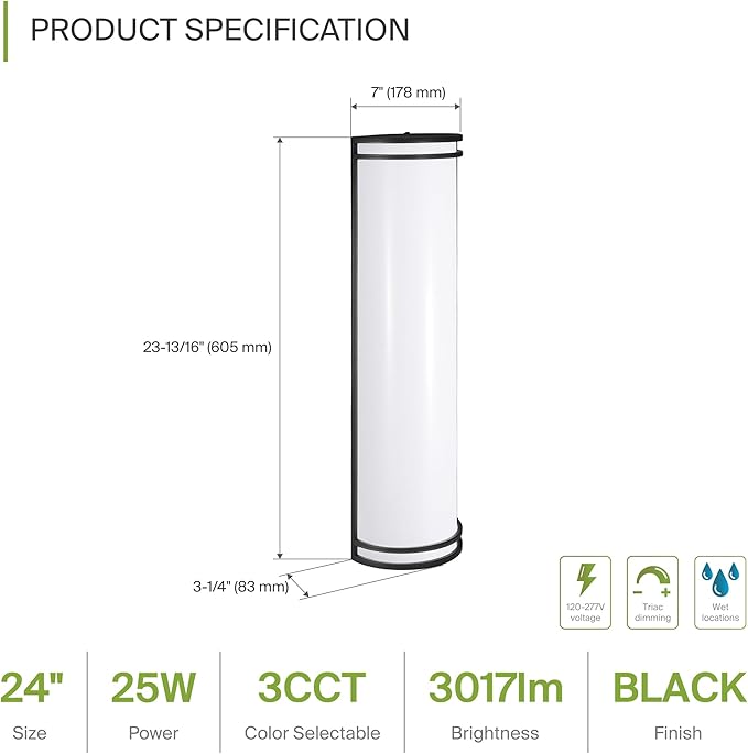 ASD 24 Inch LED Outdoor Sconce Lights - 25W 120-277V 3000K 4000K 5000K Black Exterior Lighting Fixtures, Dimmable Exterior Lights for House, Modern Patio Wall Light Fixture ETL 2 Pack