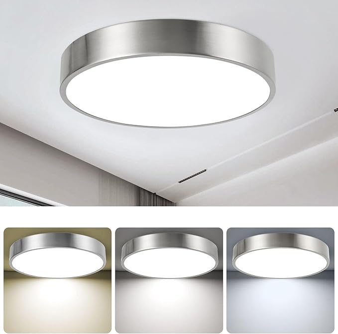 Modern Minimalist 13 Inch Ceiling Light, Dimmable 26W LED Ceiling Light Fixture with 3Color Temperatures, Brushed Nickel Flush Mount Ceiling Lighting Perfect for Bathroom & Bedroom