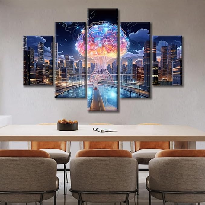 5 Pieces City Smart Brain Canvas Wall Art for Living Room Human Brain Energy Large Wall Art Brain Nervous System Modern Artwork Print On Canvas Ready to Hang for Bedroom Office (60"Wx40"H)