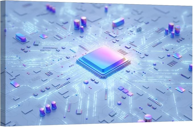 LSIUHWUWI Canvas Wall Art AI Painting Prints Canvas Motherboard Digital Chip Pictures for Bedroom Home Decor Technology Digital Age Stretched by Wooden Frame Ready to Hang 24x36 INCH