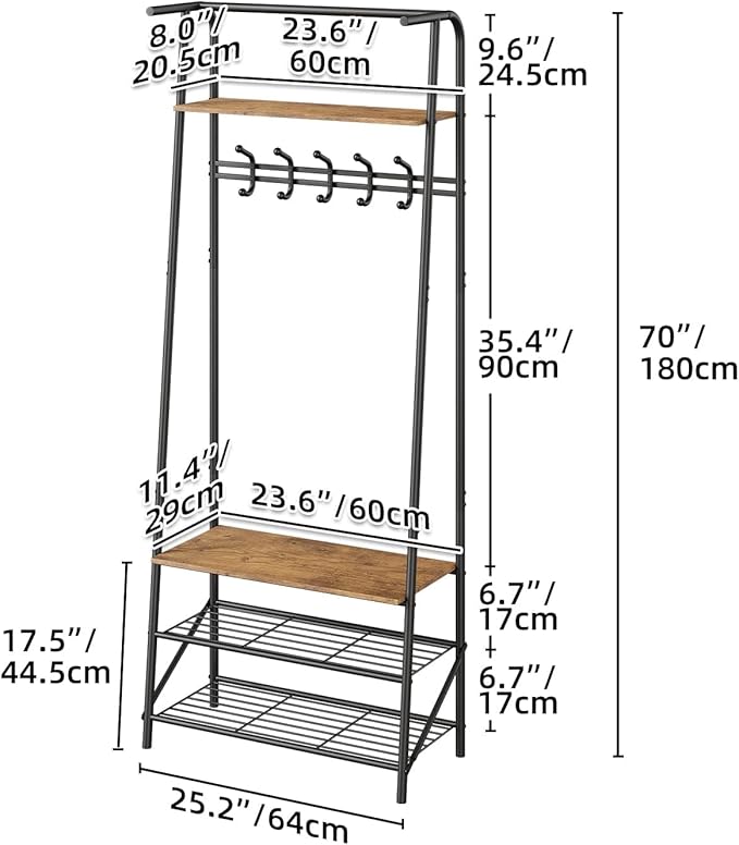 Coat Rack, Floorstanding Hall Tree with Shoe Rack, Wooden and Metal Coat Stand, Industrial Clothes Rack, for Hallway, Living Room, Bedroom, 25.2''x11.4''x70'', Rustic Brown