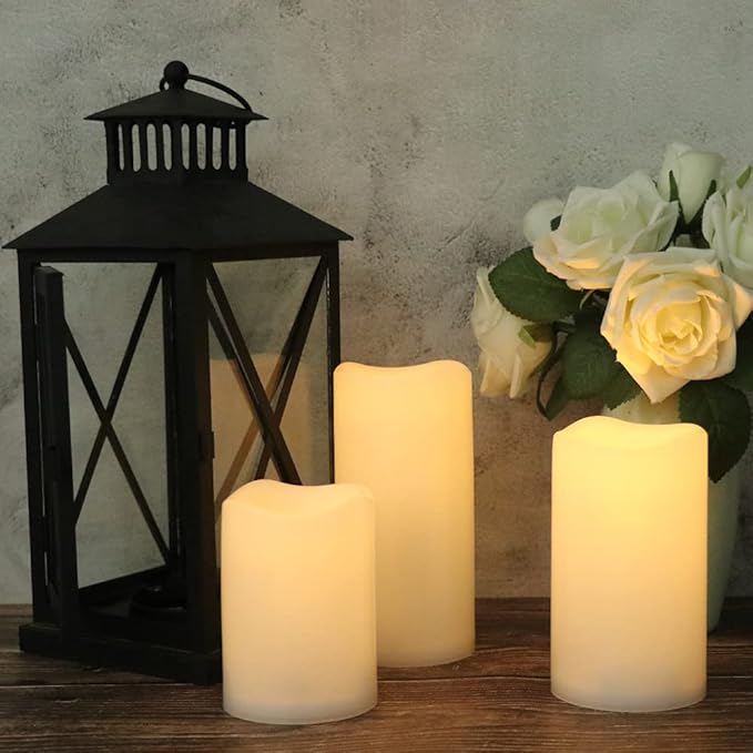 Eldnacele Waterproof Flameless Flickering Candles Weatherproof Battery Operated LED Candle with Remote and Timer White Plastic Pillar Candles Pack of 3 for Indoor Outdoor Lanterns D3”x H4” 5” 6”