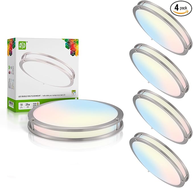 ASD LED 18" Round Flush Mount Lighting, Close to Ceiling Light Fixture | 3CCT, Dimmable, Energy Star, ETL Listed | 28W 2230LM 3000-5000K 120V | Low Profile Double Ring Lamp | Nickel, 4 Pack