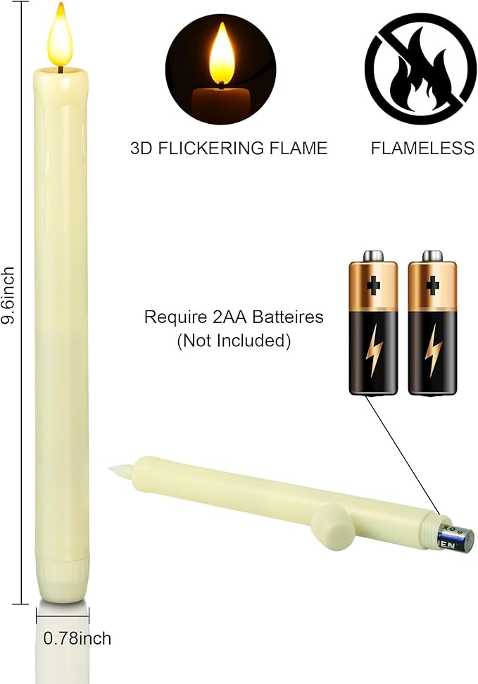 Homemory 3 Pack Flameless Taper Candles, No Remote, Realistic Flickering Battery Operated Candlesticks, Ivory LED Plastic Candle Safe for Weddings, Table Decor, Christmas, and Halloween