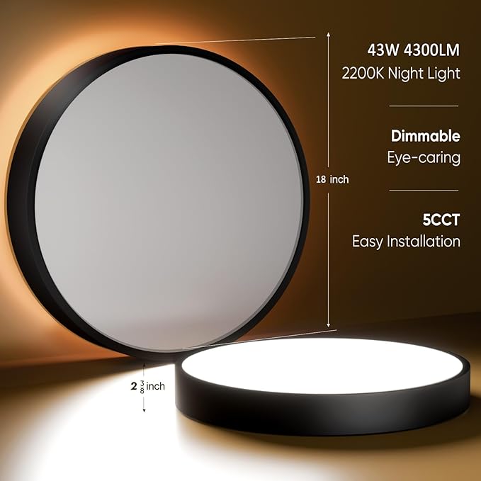18 Inch Flush Mount Ceiling Light with Remote Control & Night Light, 5CCT Dimmable Ceiling Light Fixture, 43W 4300LM 2700K-6500K Adjustable LED Ceiling Lights for Bedroom Kitchen, Black